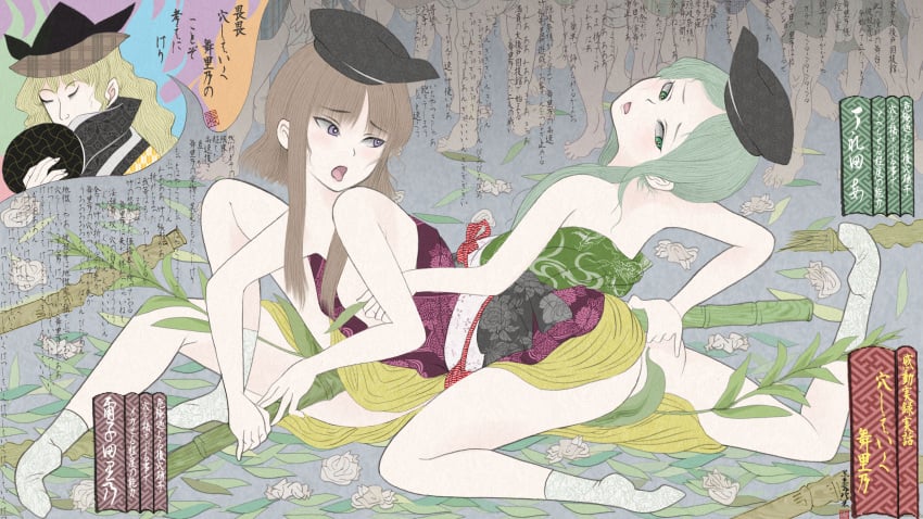 3girls 6+boys absurdres anal anal_object_insertion ass bamboo bare_shoulders black_hat blonde_hair brown_hair character_name cloritin closed_eyes covered_clitoris green_eyes green_hair green_kimono hat highres japanese_clothes kimono leaf matara_okina multiple_boys multiple_girls myouga_(plant) nihonga nipple_stimulation nishida_satono obi object_insertion open_mouth purple_eyes purple_kimono sash sexually_suggestive sidelocks sleeveless sleeveless_kimono socks spread_legs tate_eboshi teireida_mai tongue tongue_out touhou ukiyo-e used_tissue white_socks