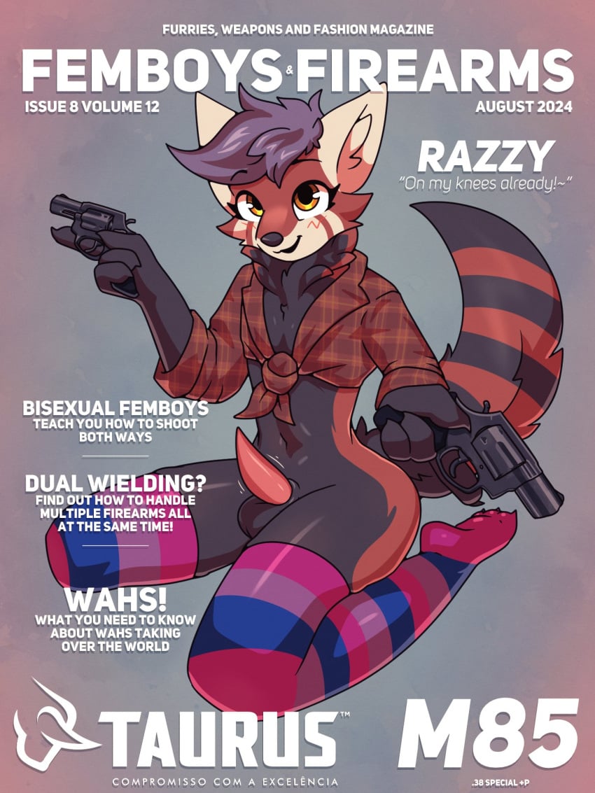 3:4 ailurid anthro balls bisexual_pride_colors clothed clothing cover crossdressing dual_wielding emanata english_text femboy front_tie_shirt genitals gun handgun hi_res holding_object holding_weapon kneeling legwear lgbt_pride magazine_cover male mammal marcus_gray no_underwear pattern_clothing pattern_legwear pattern_shirt pattern_stockings pattern_topwear penis plaid plaid_clothing plaid_shirt plaid_topwear pride_colors ranged_weapon red_panda revolver shirt solo stockings striped_clothing striped_legwear striped_stockings stripes tapering_penis text thong topwear underwear weapon