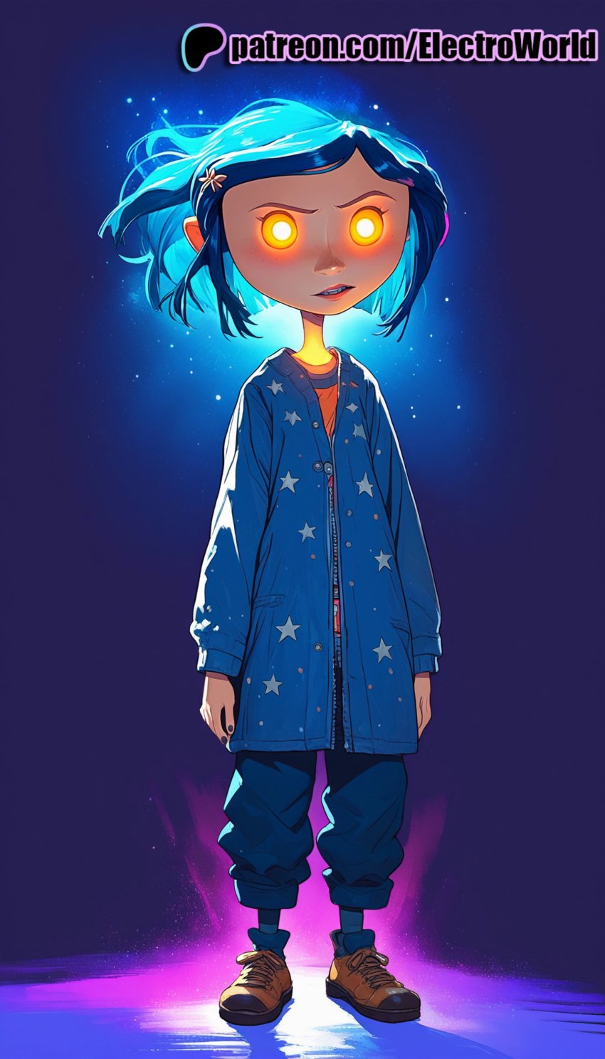 1girls ai_generated blue_hair bob_cut coraline coraline_jones electroworld female female_focus female_only halloween highres neon pov shiny_skin short_hair uncensored