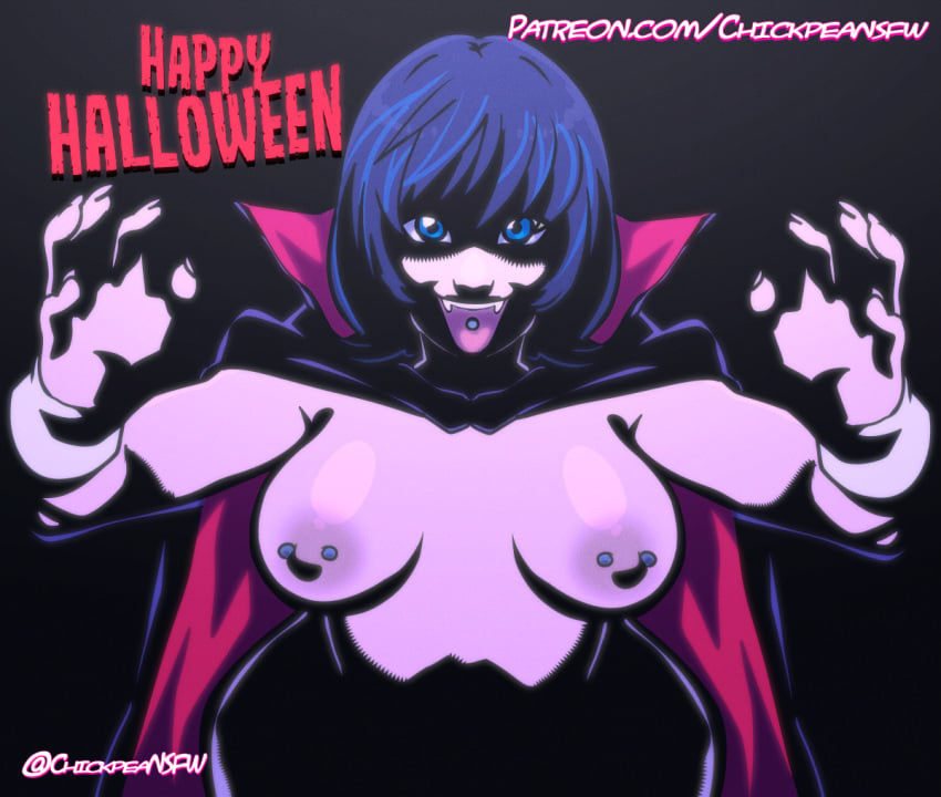 1girls 2024 big_breasts black_background blue_eyes blue_hair breasts cape chickpea color colored dark_background digital_drawing_(artwork) english_text exposed_breasts female female_only halloween jenny_(chickpea) looking_at_viewer nipple_piercing nipples open_mouth original original_character short_hair standing text tongue_out tongue_piercing vampire vampire_girl vampire_teeth