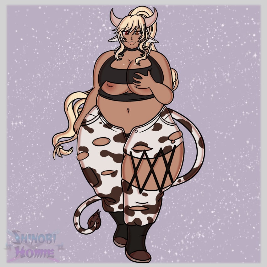 belly big_belly big_breasts big_thighs boob_grab bovid bovine breasts cow_ears cow_girl cow_horns cow_tail cowgirl cowprint functionally_nude giant_thighs grabbing_breasts holes_in_clothes hucow huge_belly huge_thighs long_hair nipples revealing_clothes ripped_clothing shinobi_homie_(artist) thighs titty_typhoon_(artist)