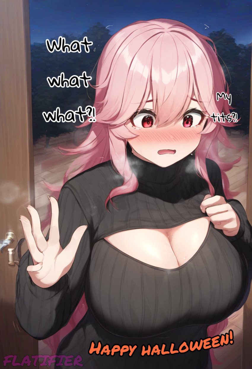 ai_generated big_breasts breast_deflation breast_reduction breast_shrinking flatifier gigantic_breasts halloween huge_breasts large_breasts milf pink_hair red_eyes ribbed_sweater small_breasts sweater trick_or_treat