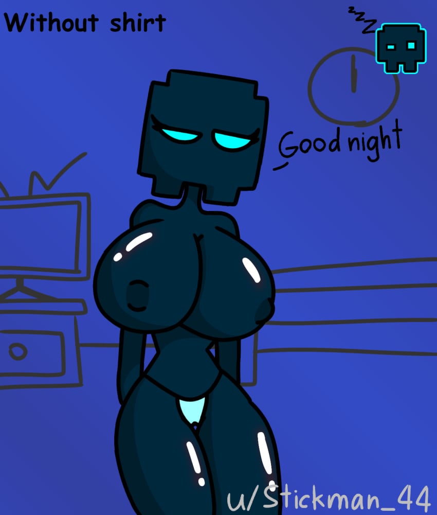 bed bedroom blue_background blue_body blue_eyes blue_skin breasts clock cube_11_(geometry_dash) g-string geometry_dash nipples nude rule_63 sleepy stickdash44 stickdashzv_(stickdash44) stickman44 tv