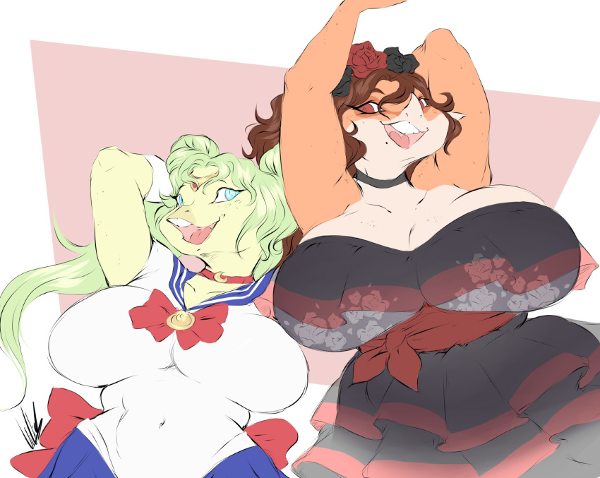 2girls big_breasts breasts character_request cleavage dullvivid female huge_breasts tagme thick_thighs wide_hips