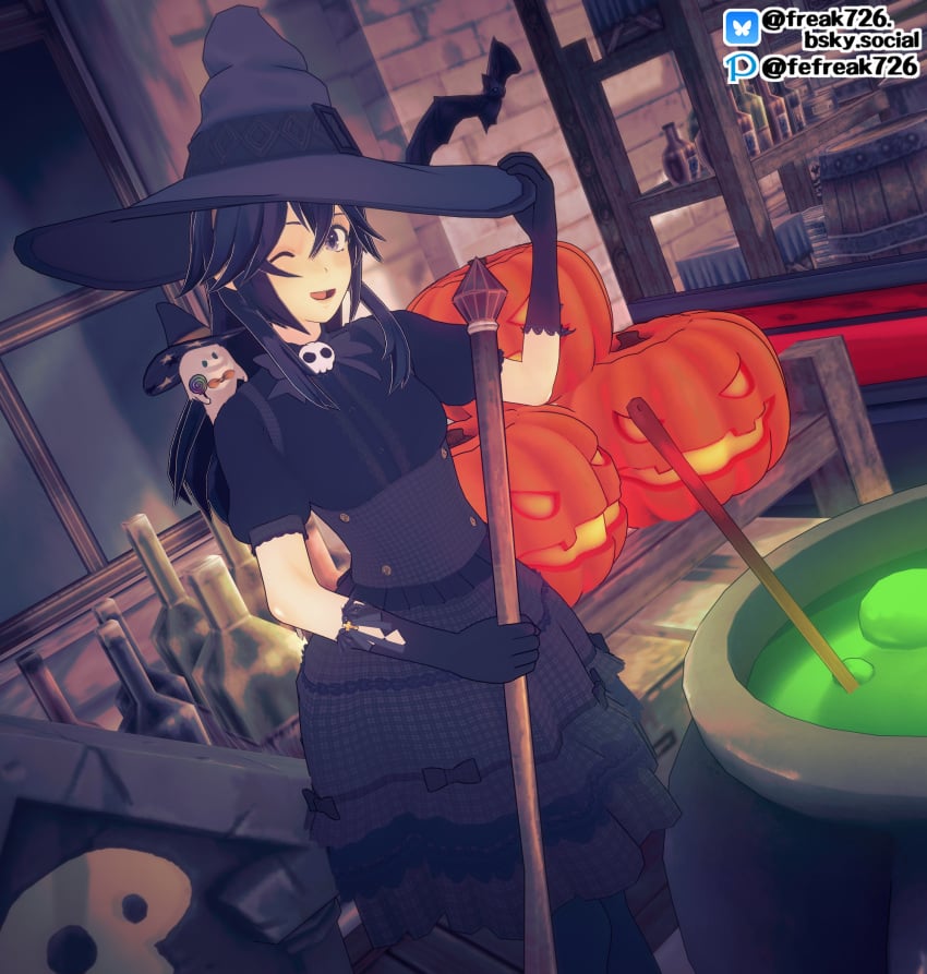 1girls 3d ;d alternate_costume barrel bat blue_eyes blue_hair bottle bowtie box breasts bubble candy cauldron dress elbow_gloves fefreak726 female female_only fire_emblem fire_emblem_awakening food ghost gloves halloween halloween_costume hand_on_headwear hat indoors jack-o'-lantern liquid lollipop long_hair looking_at_viewer lucina_(fire_emblem) medium_breasts night nintendo one_eye_closed pumpkin shelf short_sleeves skull solo staff standing symbol-shaped_pupils thighhighs tombstone window wink witch witch_hat