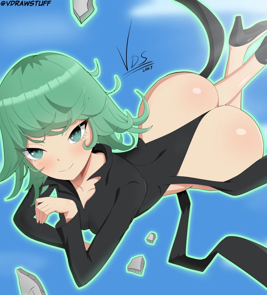 ass big_butt dat_ass dress female female_only green_eyes green_hair one-punch_man seductive short_hair sky tagme tatsumaki vdrawstuff