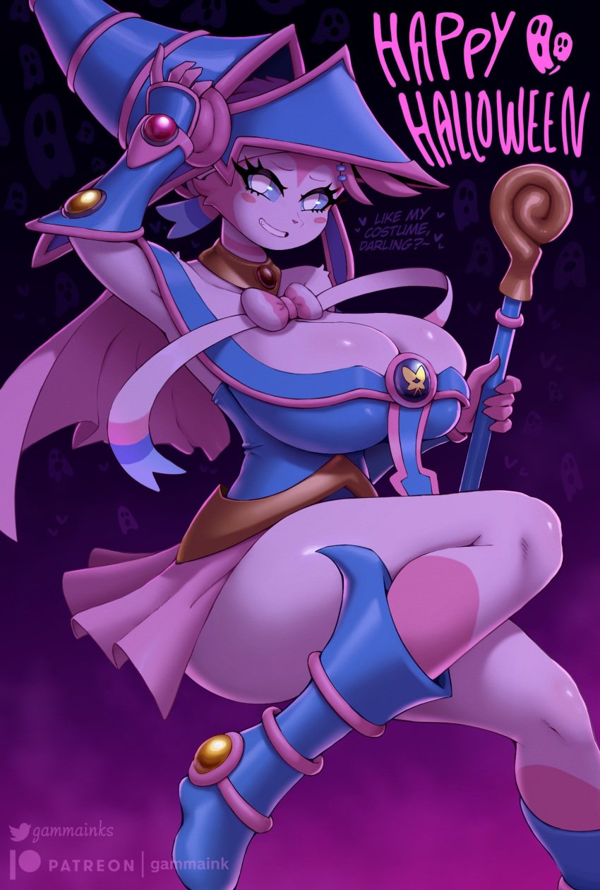 1girls anthro big_breasts blue_eyes cosplay dark_magician_girl_(cosplay) eeveelution english_text female female_only gammainks halloween happy_halloween hi_res kiwi_(gammainks) looking_at_viewer nintendo pokemon pokemon_(species) smiling smiling_at_viewer solo sylveon text thick_thighs yu-gi-oh!