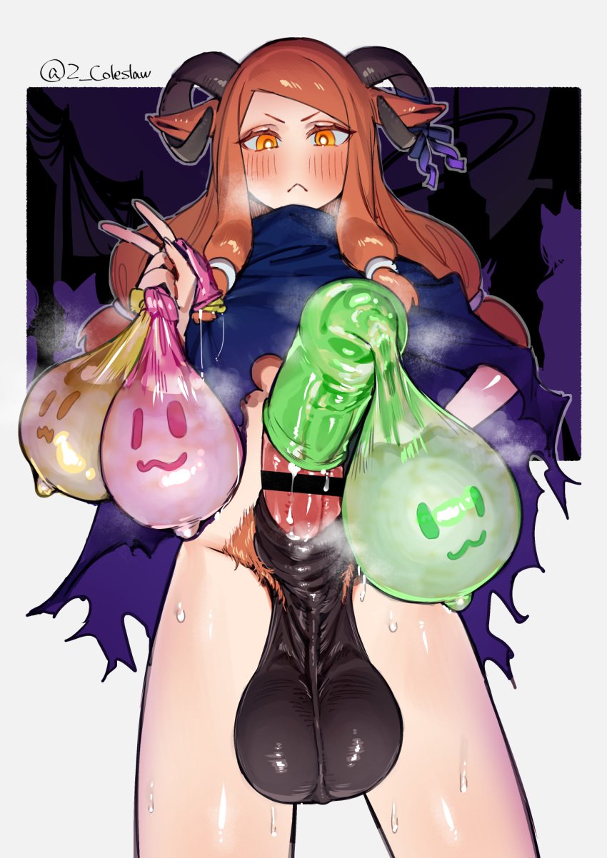 1futa :< animal_ears animal_penis balls bar_censor black_horns blush bottomless breasts bright_pupils censored closed_mouth clothed clothing condom curled_horns erection female_pubic_hair futa_only futanari hand_up highres holding holding_condom horns horse_penis huge_cock huge_testicles humanoid light-skinned_futanari light_skin long_hair low-angle_view mirin_chikuwa orange_hair original partially_clothed penis pubic_hair solo standing sweat testicles used_condom v white_pupils yellow_eyes