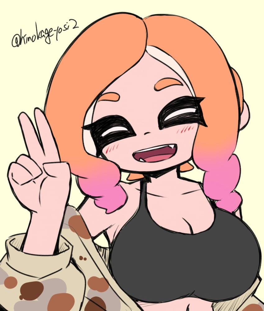 1girls artist_signature big_breasts blush blushing_at_viewer bra breasts cleavage closed_eyes light-skinned_female light_skin looking_at_viewer makino_nono octoling octoling_girl oni_wasabi_(makino_nono) orange_hair peace_sign smile smiling smiling_at_viewer splatoon splatoon_(series) splatoon_3 sports_bra upscaled