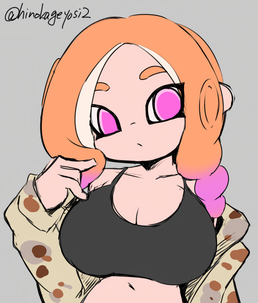 1girls bare_shoulders big_breasts bra breasts cleavage light-skinned_female light_skin makino_nono midriff navel octoling octoling_girl oni_wasabi_(makino_nono) orange_hair pink_eyes solo splatoon splatoon_(series) splatoon_3 sports_bra upscaled