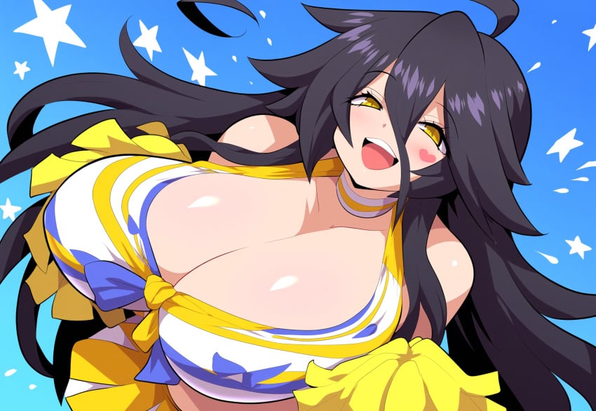 1girls ahoge ai_generated amber_eyes black_hair cheerleader cheerleader_uniform female gigantic_breasts huge_breasts long_hair mullon novelai original original_character pom_poms sorceress sorceress_sophia top_heavy voluptuous voluptuous_female yellow_eyes