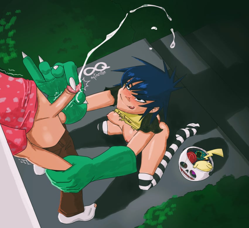 gorillaz halloween handjob kneeling noodle_(gorillaz) oqtozille public shirt_lift two_finger_handjob