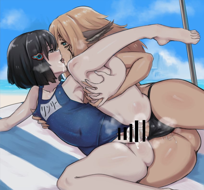 1futa 1girls absurdres bar_censor beach beach_towel bikini black_bikini blue_one-piece_swimsuit blush breasts brown_eyes celica_(xenoblade_x) censored covered_navel damagefloor day eye_contact futa_on_female futa_with_female futanari grabbing_another's_breast grabbing_from_behind green_eyes groping highres kissing leg_lift lin_lee_koo looking_at_another name_tag nose_blush one-piece_swimsuit outdoors school_swimsuit sex sex_from_behind small_breasts spread_legs swimsuit towel vaginal_penetration xenoblade_chronicles_(series) xenoblade_chronicles_x