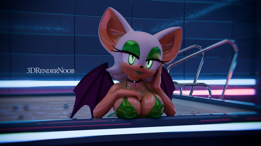 3d 3drendernoob anthro anthro_only big_breasts bikini choker cleavage furry furry_female furry_only hottub lipstick makeup rouge_the_bat sega solo_female sonic_(series) swimsuit wet_body