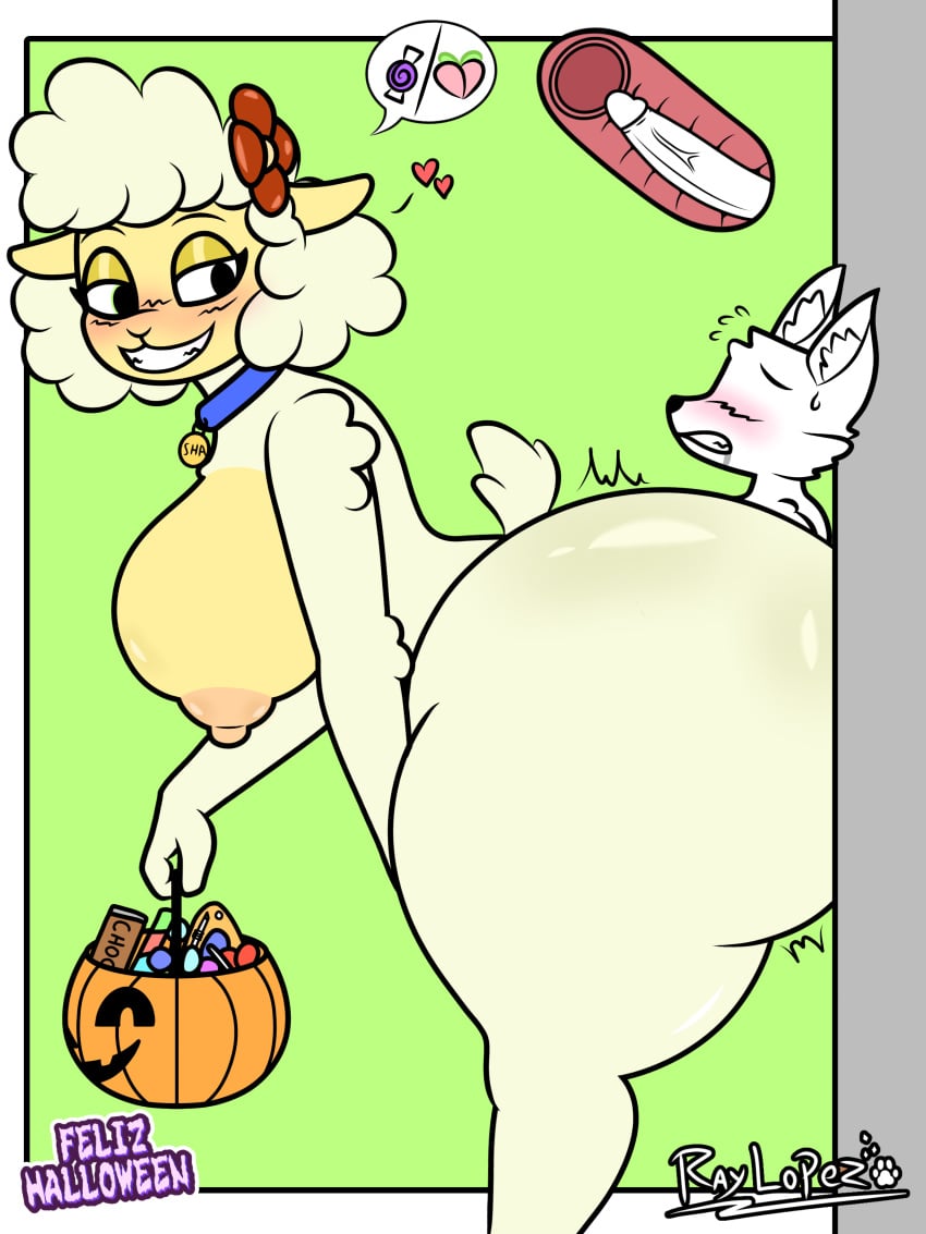 1boy1girl anthro ass_bigger_than_head ass_on_wall beige_fur bending big_breasts blush blush_lines bubble_butt collar enjoying eyebrows eyeshadow female_penetrated fox furry halloween heart hi_res highres holidays looking_back massive_ass no_eyes pumkin raylopez sha_(the_walten_files) sheep simple_background smiling smiling_at_viewer text the_walten_files thick_thighs trapped trapped_in_butt white_fur white_wool wool_(fur)