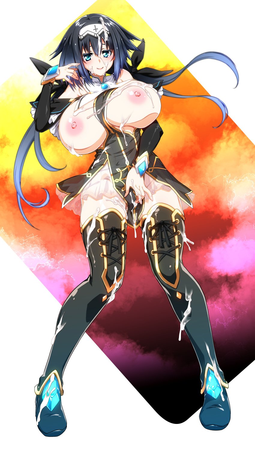 1girls 2d 2d_(artwork) big_breasts black_hair blue_eyes boots breasts cum_on_body cum_on_breasts date_a_live dress exposed_breasts hand_on_pussy light-skinned_female long_boots long_hair nibelcole nipples nun nun_outfit pink_nipples semen semen_on_body semen_on_breasts skirt solo solo_female thighs touching_pussy