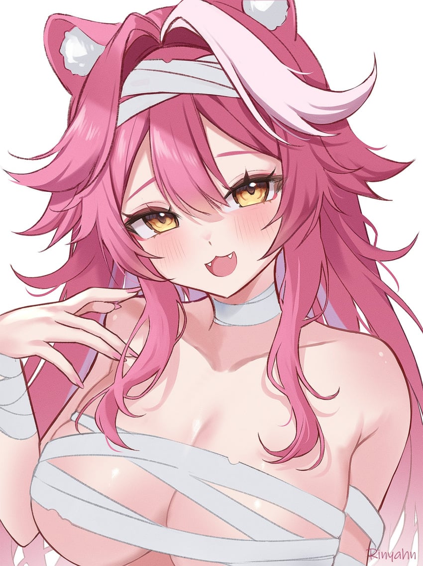 :3 animal_ear_fluff animal_ears artist_name bandages blush breasts cleavage collarbone commentary fangs female fingernails hair_intakes highres hololive hololive_english hololive_english_-justice- huge_breasts long_fingernails long_hair looking_at_viewer multicolored_hair mummy_costume nail_polish naked_bandage open_mouth panther_ears panther_girl pink_hair pink_nails raora_panthera ri_nyahn simple_background smile solo streaked_hair two-tone_hair virtual_youtuber white_background yellow_eyes