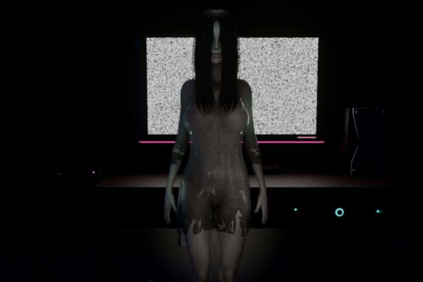 1girls 3d big_breasts black_hair blender curvy enigmaj female_focus female_only front_view ghost ghost_girl grey_skin hair_covering_eye long_hair ringu sadako_yamamura see-through_dress solo_female standing the_ring