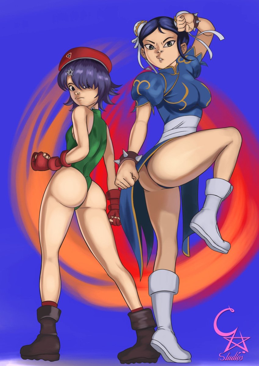 2girls asian cammy_white_(cosplay) capcom chun-li_(cosplay) cockstar_studios cyborg_noodle female female_focus female_only gorillaz halloween_2024 height_difference hi_res light-skinned_female light_skin multiple_females multiple_girls noodle_(gorillaz) short_hair size_difference street_fighter