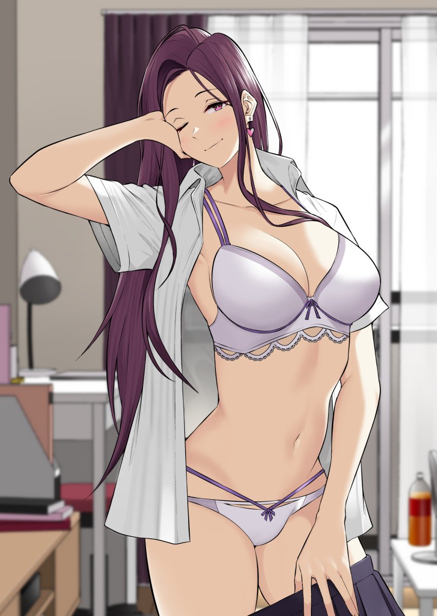 1girls bare_belly bare_chest bare_hands bare_hips bare_legs bare_midriff bare_navel bare_shoulders bare_skin bare_thighs belly belly_button big_breasts blurred_background blurry_background blush blush_face blushed_face blushing_face blushing_female bra breasts busty busty_female busty_girl busty_teen cleavage collarbone curtains dot_nose earrings elbows exposed exposed_arms exposed_belly exposed_legs exposed_midriff exposed_shoulders exposed_thighs eye_closed fair_skin female female_focus female_naked female_only fingers frilled_bra frilled_underwear groin half_naked half_nude hand_on_face hand_on_hair hand_on_head hand_on_leg hand_on_own_face hand_on_own_hair hand_on_own_head hand_on_own_leg hand_on_own_thigh hand_on_thigh head_tilt high_resolution high_school_student highres hourglass_figure imaizumin-chi_wa_douyara_gal_no_tamariba_ni_natteru_rashii indoor indoor_nudity indoors large_breasts lean_body lean_figure legs light-skined_female light-skinned light-skinned_female light_skin light_skin_female light_skinned light_skinned_female lips long_hair looking_at_viewer naked naked_female naked_woman narrow_waist navel nori_gorou nude nude_female nudity one-eye_closed one_eye_closed one_eye_open open_clothes open_clothing open_shirt open_topwear panties parted_bangs partially_naked purple_bra purple_eyebrows purple_eyes purple_eyes_female purple_hair purple_hair_female purple_panties purple_underwear ribbon_bra ribbon_panties sasaki_yukina school_girl semi_nude shirt shoulders skirt skirt_down slender_body slender_waist slim_girl slim_waist smile smiley_face smiling smiling_at_viewer smirk smooth_skin solo standing teen_girl teenage_girl teenager thick_thighs thighs thin_waist tilted_head unbuttoned unbuttoned_shirt underboob underwear upper_body v-line white_shirt white_topwear wide_hips window