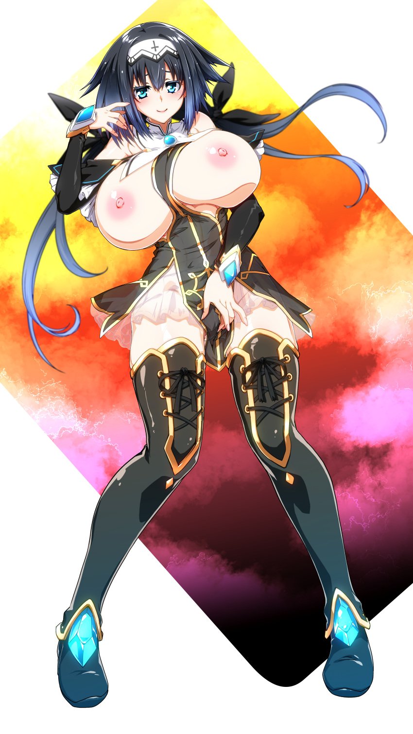 1girls 2d 2d_(artwork) big_breasts black_hair blue_eyes boots breasts date_a_live dress exposed_breasts hand_on_pussy light-skinned_female long_boots long_hair nibelcole nipples nun nun_outfit pink_nipples skirt solo solo_female thighs touching_pussy variant_set