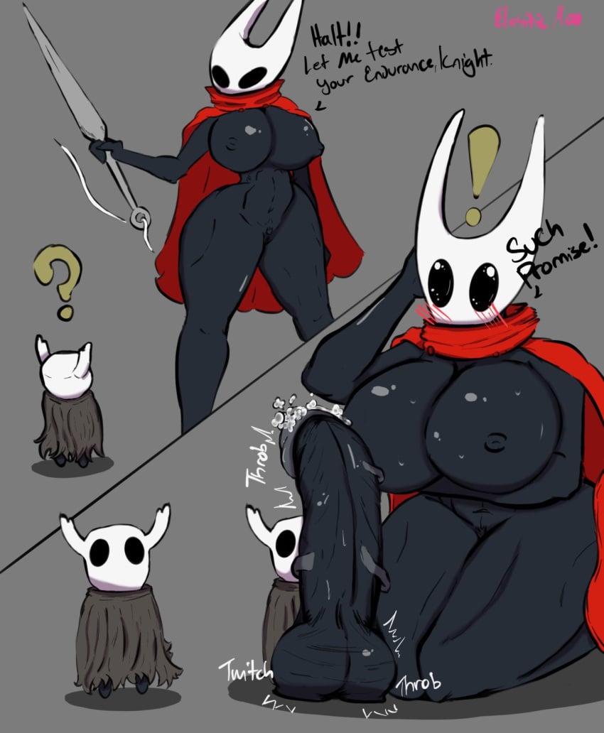 big_breasts big_penis blush breasts elasticmoo hammerspace hollow_knight hornet_(hollow_knight) huge_breasts huge_cock penis_bigger_than_body precum protagonist_(hollow_knight) size_difference suprised suprised_look throbbing_penis veiny_penis