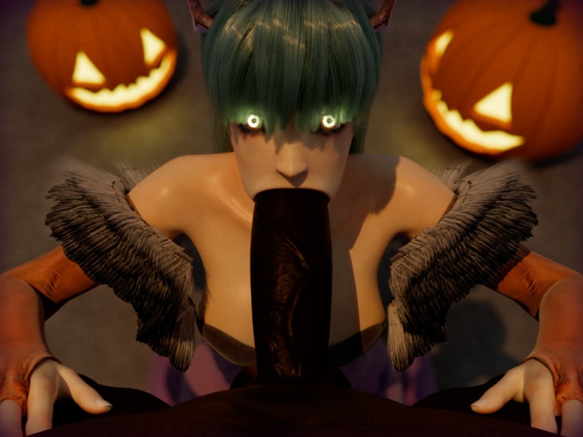 1boy 1girls 3d blender capcom dark-skinned_male dark_skin darkstalkers green_eyes green_hair halloween interracial long_hair looking_at_viewer marvel_vs._capcom marvel_vs._capcom:_infinite morrigan_aensland pov pumpkin self_upload succubus vampire_hunter vampire_savior zeleous