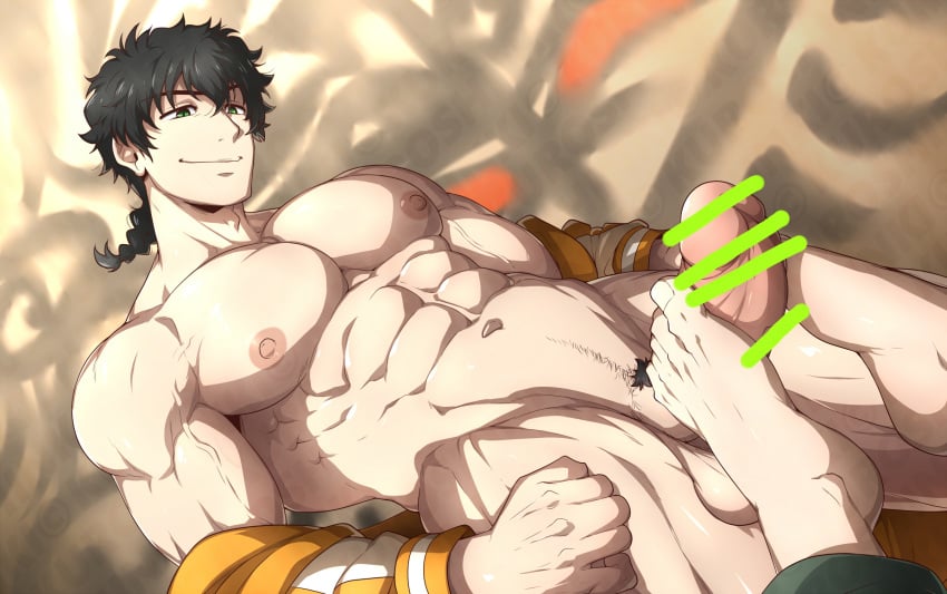 2boys abs bar_censor bara bare_shoulders barefoot black_hair braid censored closed_mouth cowboy_shot dutch_angle erection feet footjob green_eyes highres jacket kuroshinki large_pectorals male_focus male_pubic_hair medium_hair multiple_boys muscular muscular_male navel orange_jacket out_of_frame paid_reward_available pectorals penis pubic_hair short_braid single_braid smile testicles toes togame_jou watermark wind_breaker_(nii_satoru) yaoi