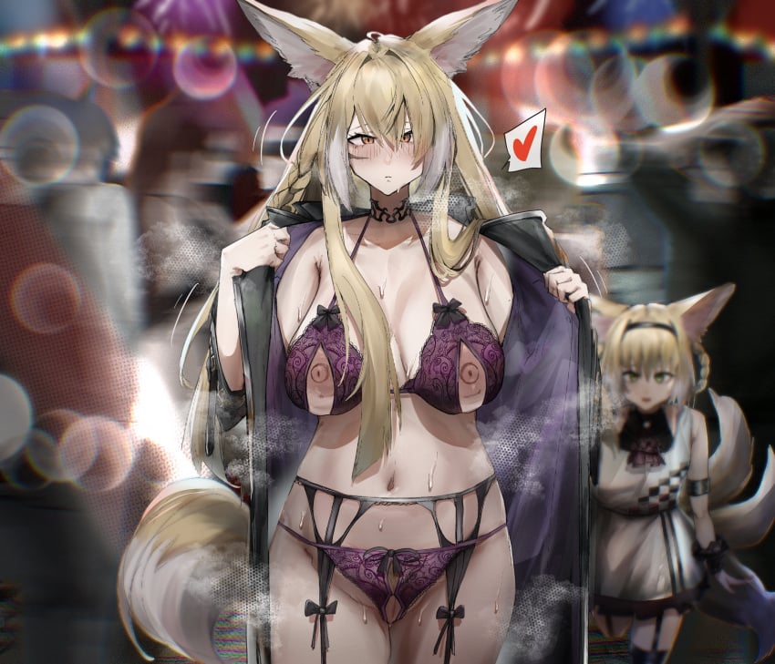 2girls animal_ears areolae arknights belly big_breasts blonde_hair blush bra breasts chest choker cleavage coat crotchless crotchless_panties embarrassed embarrassed_nude_female emotionless exhibitionism exposed_nipples female female_only garter_belt hair_between_eyes hands harpae7 highres hips kemonomimi light-skinned_female lingerie long_hair looking_at_viewer mature_female milf mother mother_and_daughter multiple_tails navel nipple_cutout nipples open_clothes open_jacket orange_eyes panties presenting presenting_body public_exposure public_nudity pussy revealing_clothes sagging_breasts sidelocks solo_focus spoken_heart standing steaming_body stomach suzuran_(arknights) sweat tagme tail thighs uncensored undressing vagina vulpisfoglia_(arknights) waist