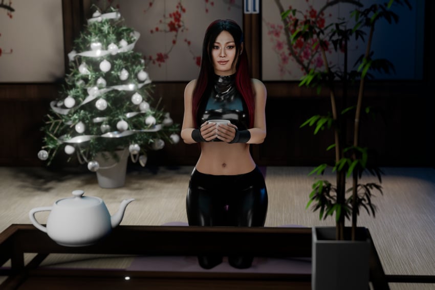 1girls 3d asian_female blender christmas_tree enigmaj female_focus female_only holding_cup io_shirai iyo_sky leather_pants leather_topwear looking_at_viewer multicolored_hair solo_female tea_pot wwe wwe_diva