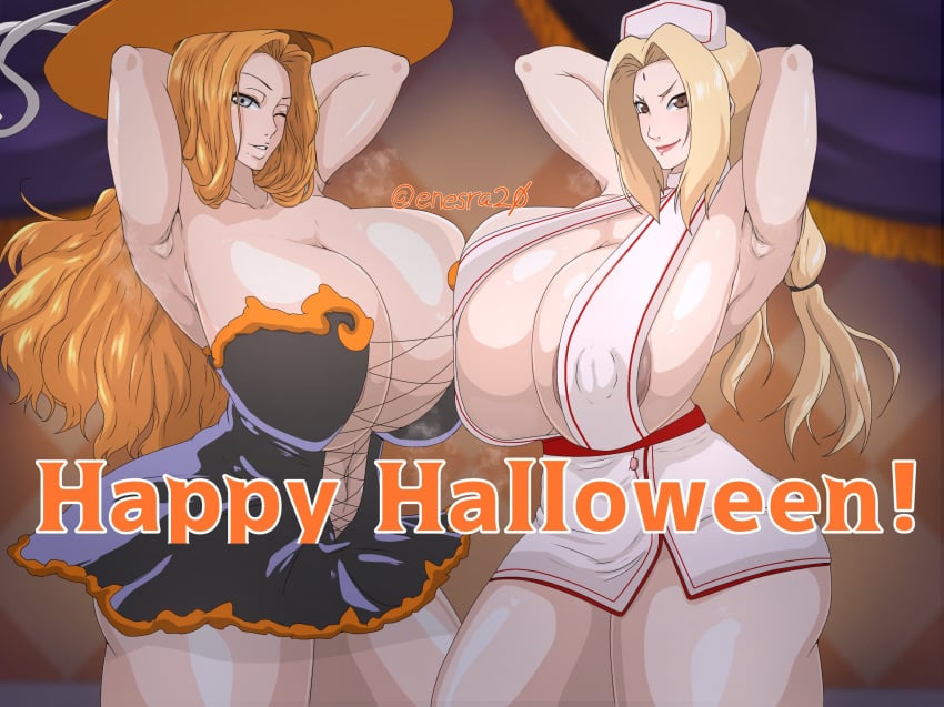 2girls areola_slip areolae armpits big_breasts black_dress black_eyes bleach blonde_hair breast_to_breast breasts brown_hair cleavage costume crossover enesra20 enesura_(enesra20) female female_only forehead_jewel hair halloween halloween_costume hands_behind_head hat hips huge_breasts large_breasts lips long_hair matsumoto_rangiku mature mature_female mature_woman milf mole mole_under_mouth naruto naruto_(series) nipple_bulge nurse nurse_cap nurse_clothing nurse_hat nurse_uniform one_eye_closed orange_hair short_dress skimpy skimpy_clothes steam text tsunade witch witch_costume witch_hat