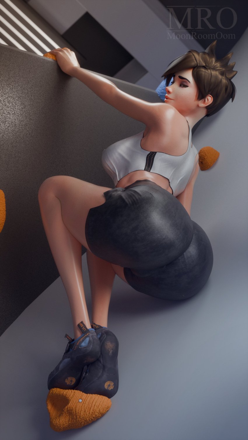 1girls 3d 3d_(artwork) ass blizzard_entertainment female female_focus female_only hi_res high_resolution highres large_ass lena_oxton moonroomoom nipples_visible_through_clothing overwatch solo solo_focus tracer