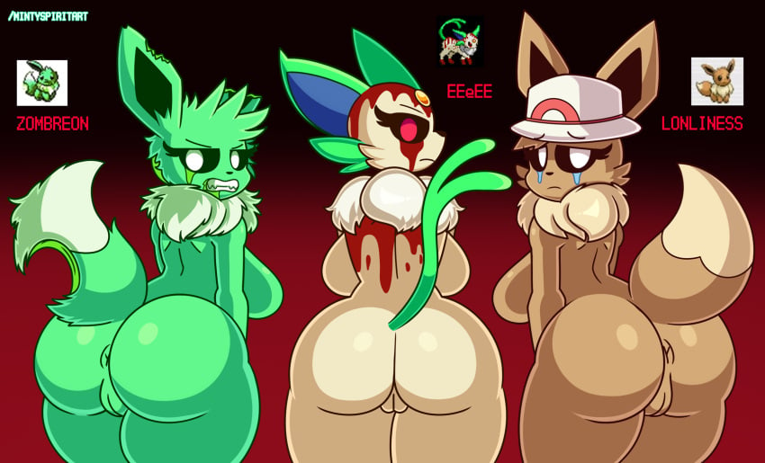 2024 abandon_lonliness anthro anus ass big_breasts big_butt black_sclera blood bodily_fluids breasts brown_body brown_fur clothing creepypasta crying eeeee eevee female fur generation_1_pokemon genitals green_body green_fur group hat headgear headwear hi_res lonliness looking_at_viewer looking_back mintyspirit neck_tuft nintendo pokemon pokemon_(species) pussy red_eyes sad tears thick_thighs trio tuft undead white_body white_eyes white_fur zombie zombreon