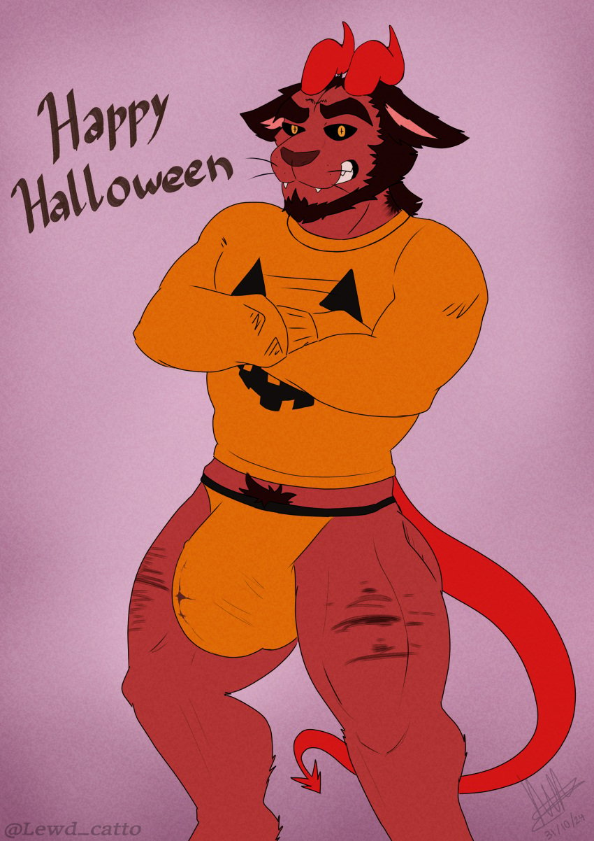 absurd_res anthro bulge clothing demon felid feline halloween hi_res holidays horn jockstrap lewd_catto male male/male mammal muscular solo tail underwear vermell