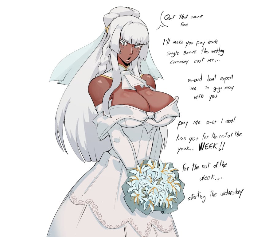 1girls atlus big_breasts blunt_bangs bride brigitta_lycaon busty cleavage clothed cupperexe dark-skinned_female dark_skin dress english_text female female_only flower flowers huge_breasts large_breasts metaphor:_refantazio milf mostly_clothed revealing_clothes revealing_dress tagme text wedding_dress wedding_ring white_eyes white_hair