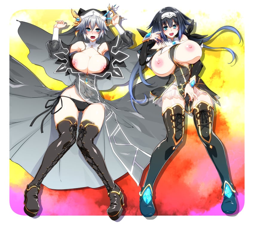 1girls 2d 2d_(artwork) 2girls big_breasts black_hair blue_eyes boots breasts date_a_live dress exposed_breasts female_only grey_hair hand_on_pussy honjou_nia light-skinned_female long_boots long_hair lying_on_floor nibelcole nipples nun nun_hat nun_outfit panties pink_nipples short_hair skirt solo solo_female thighs touching_pussy variant_set