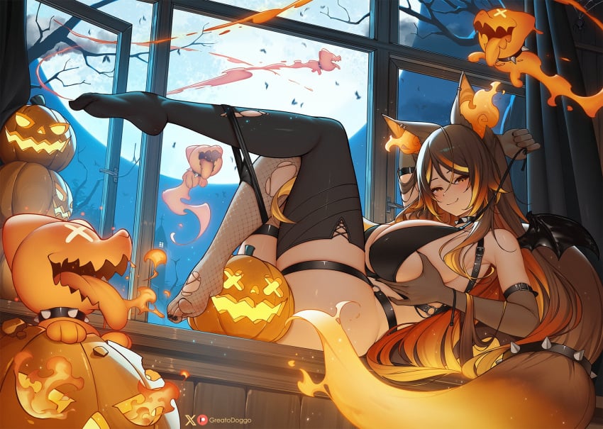 1girls animal_ears black_hair blush breasts female female_only greatodoggo halloween hellhound huge_breasts indie_virtual_youtuber jack-o'-lantern light-skinned_female light_skin monster_girl orange_eyes sinder_(vtuber) tail undressing virtual_youtuber wolf_ears wolf_girl wolf_tail