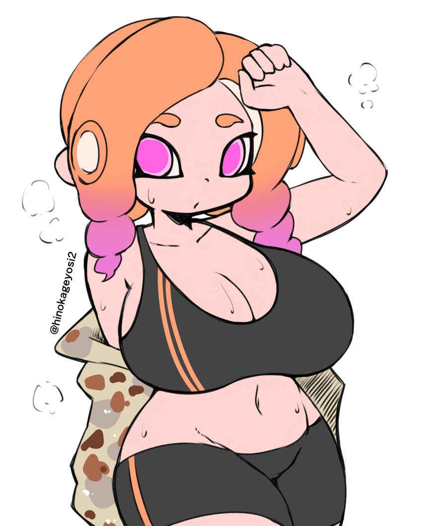 1girls big_breasts bra breasts cleavage makino_nono midriff navel octoling octoling_girl oni_wasabi_(makino_nono) orange_hair pink_eyes shorts solo splatoon splatoon_(series) splatoon_3 sports_bra sweat upscaled wide_hips