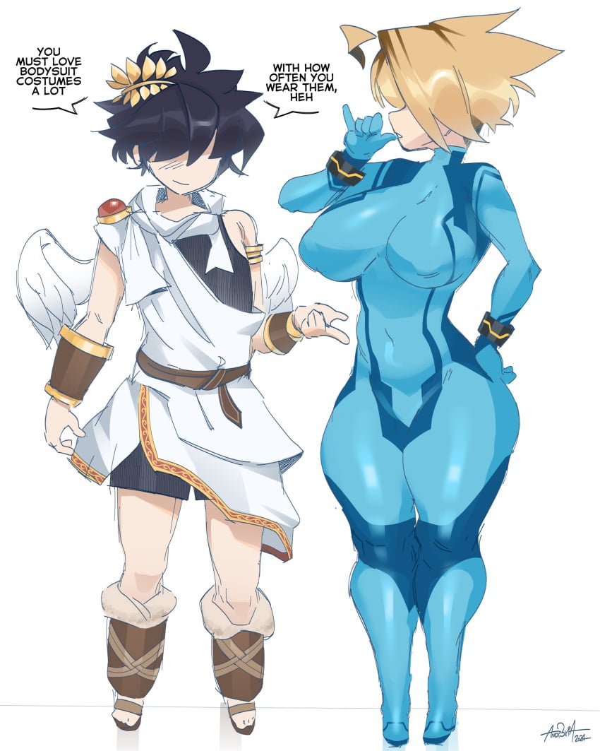 1boy 1girls ano_(anor3xia) anor3xia big_breasts biting_finger black_hair blonde_female blonde_hair blonde_hair_female bodysuit breasts clothed cosplay costume eyes_covered finn_(ngcc) hi_res kid_icarus metroid ngcc older_female page_1 skin_tight smirk smirking teeth thick_thighs thighs younger_male zero_suit_samus_(cosplay)