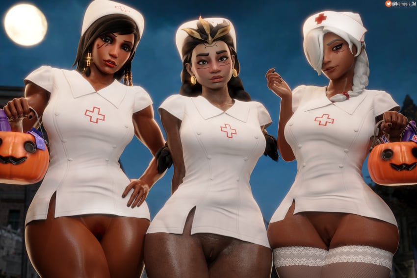 3d 3girls absurd_res ana_amari bottomless dark-skinned_female female female_only halloween hi_res highres illari_(overwatch) illari_quispe_ruiz mother_and_daughter nemesis_3d nurse nurse_cap nurse_uniform overwatch overwatch_2 pharah pussy thick_thighs thighhighs thighs