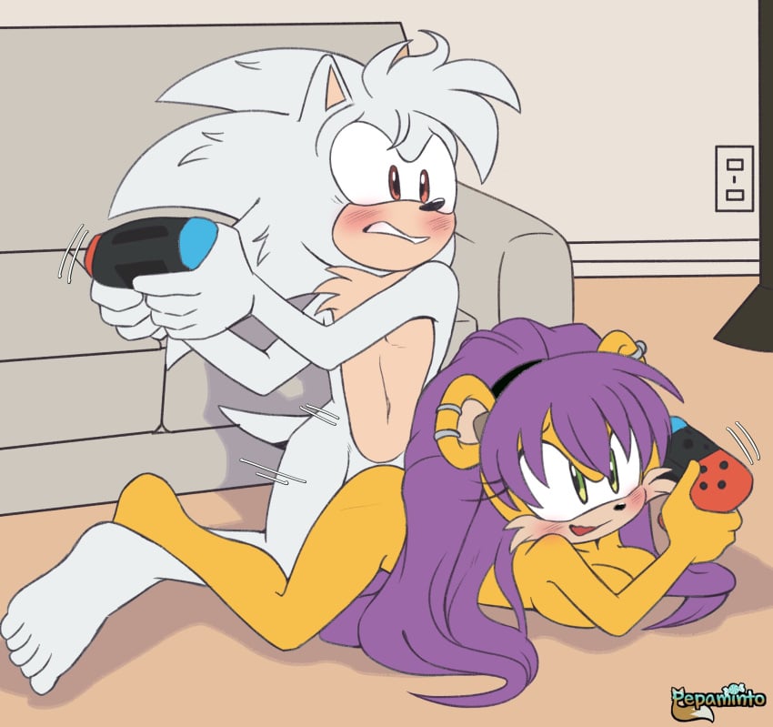 2025 blush breasts commission couch doggy_style ear ear_piercing fan_character long_hair mina_mongoose naked nintendo_switch oc penetration pepamintop playing_videogame purple_hair smile sonic_(series) sonic_the_hedgehog_(archie) sonic_the_hedgehog_(series) white_bangs white_fur yellow_fur