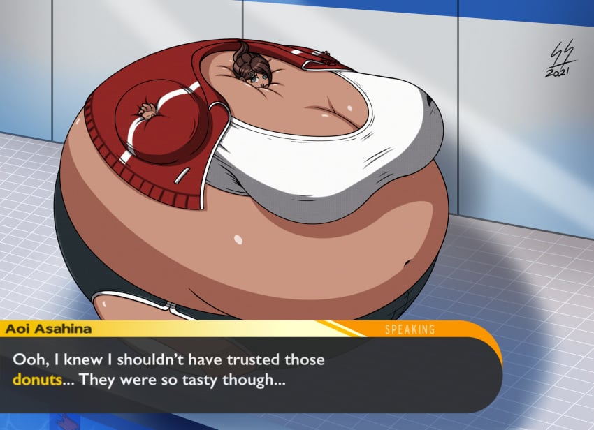 1girls asahina_aoi ass_expansion athletic athletic_female belly_expansion big_ass big_belly big_breasts black_shorts blue_eyes breast_expansion brown_hair cleavage danganronpa danganronpa:_trigger_happy_havoc dark-skinned_female dark_skin dialogue expansion immobile inflation jacket morbidly_obese navel obese_female pool red_jacket regret shirt shorts spherical_inflation sugarrollart sunken_head sunken_limbs tagme white_shirt