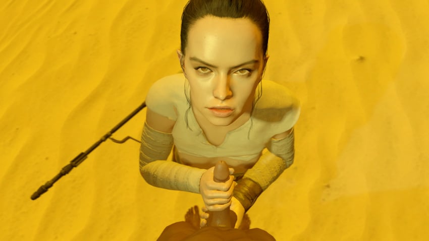 3d daisy_ridley dark-skinned_male handjob holding_balls holding_penis looking_at_viewer looking_up on_knees rey star_wars