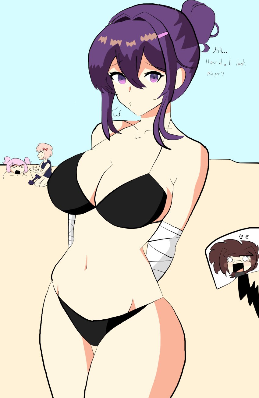 bikini bikini_bottom bikini_top breasts cleavage collarbone doki_doki_literature_club female_focus hair_bun hairbun natsuki_(doki_doki_literature_club) navel purple_eyes purple_hair reaction_bubble sayori_(doki_doki_literature_club) swimwear thighs yuri_(doki_doki_literature_club)