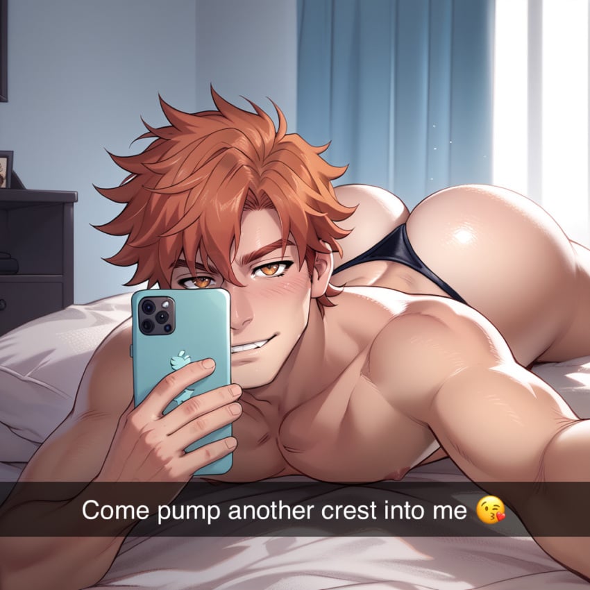 ai_generated arched_back ass black_thong english_text fire_emblem fire_emblem:_three_houses flirting_with_viewer gay nice_ass posing_for_the_viewer red_hair selfie shiny_skin snapchat solo_male sylvain_jose_gautier thong