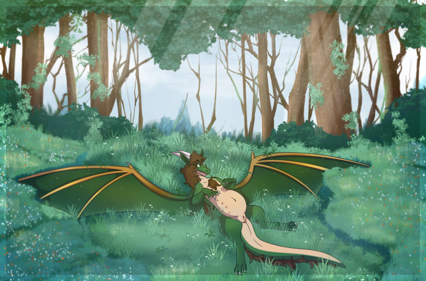 alki_moss anus brown_hair chest_tuft claws detailed_background digital_media_(artwork) digitigrade dragon european_mythology eyebrow_through_hair eyebrows female feral forest forest_background forest_dragon genitals grass hair hi_res horn laying_on_grass lying mane membrane_(anatomy) membranous_wings mythological_creature mythological_scalie mythology nature nature_background on_back outside paws plant pregnant pregnant_female pregnant_feral presenting pussy reptile riboo scalie solo spread_wings tail teats translucent translucent_hair tree tuft western_dragon wings