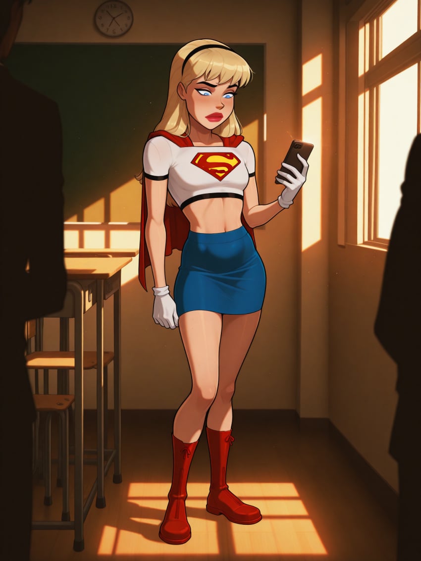 ai_generated blonde_female blonde_hair classroom clothed_female costume dc dc_comics female justice_league justice_league_unlimited kara_zor-el phone solo supergirl superhero