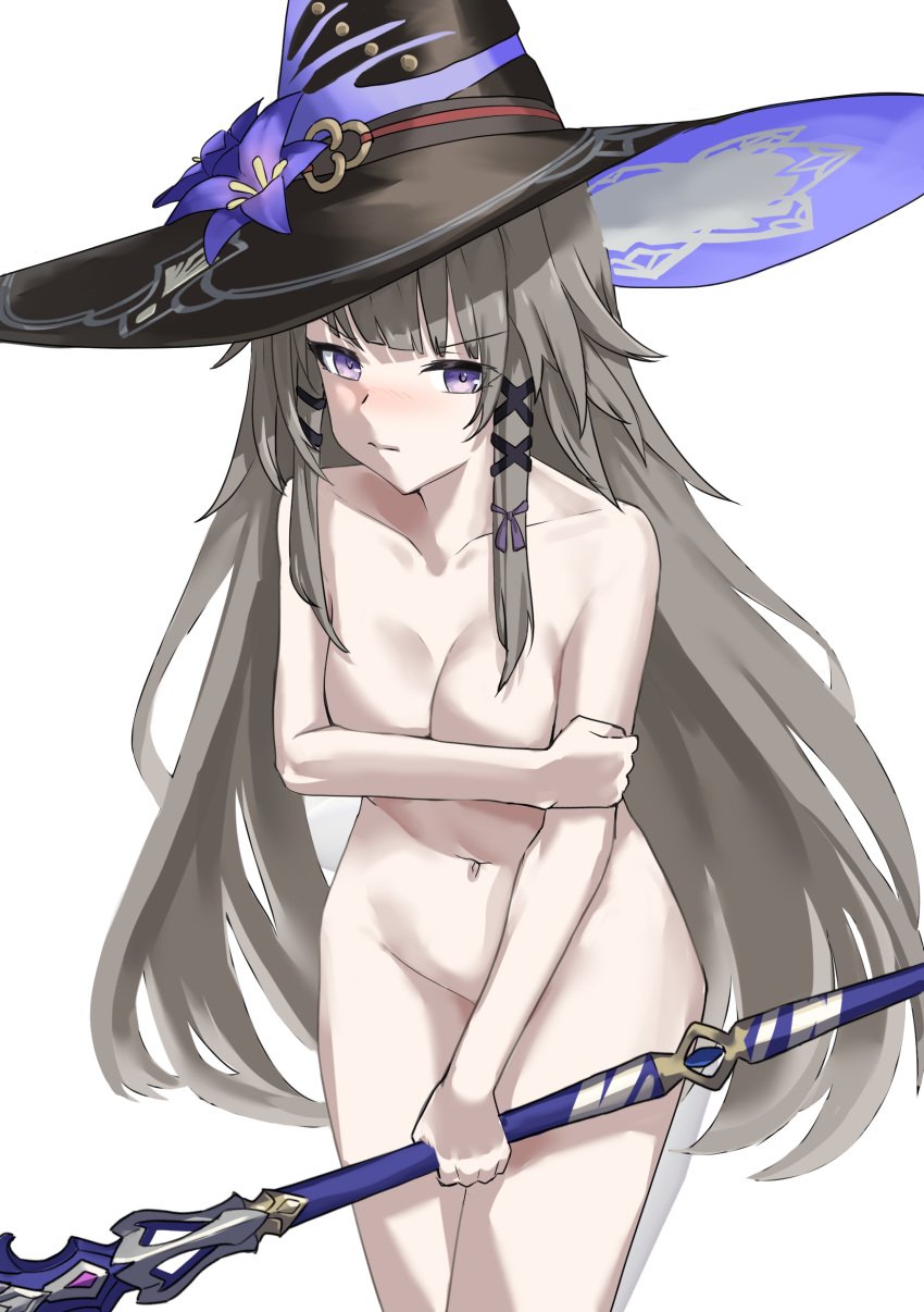 1girls convenient_censoring female female_only functionally_nude_female hat herta_(honkai:_star_rail) honkai:_star_rail nude staff wizard_hat