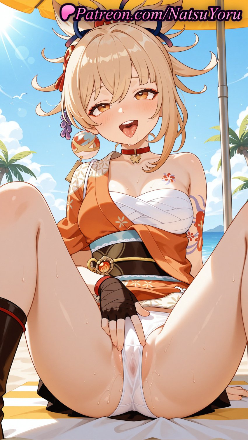 1girls ai_generated anime anime_style arm_support arm_tattoo asian bandaged_arm bandages bangs bare_shoulders beach beach_umbrella bikini black_gloves black_socks blonde_hair blue_sky blush breasts bust busty cameltoe chest_sarashi chest_tattoo choker cleavage cloud collarbone crotch day female female_focus female_masturbation female_only fingerless_gloves flower_tattoo genshin_impact gloves hadanugi_dousa hair_between_eyes hair_ornament hi_res high_quality high_resolution highres japanese_clothes kanzashi kimono knees_up labia leaning_back legs long_hair looking_at_viewer makeup masturbation medium_breasts natsuyoru obi oiled open_mouth orange_eyes orange_kimono outdoors palm_tree panties partially_visible_vulva patreon ponytail pussy pussy_juice red_choker saliva sarashi sash single_bare_shoulder single_fingerless_glove sitting sky smile socks solo solo_female spread_legs spread_pussy spread_pussy_under_clothes sweat tattoo teeth thighs tongue tongue_out tree umbrella underwear upper_teeth_only vision_(genshin_impact) voluptuous voluptuous_female wet wet_clothes wet_panties white_panties yellow_eyes yoimiya_(genshin_impact)