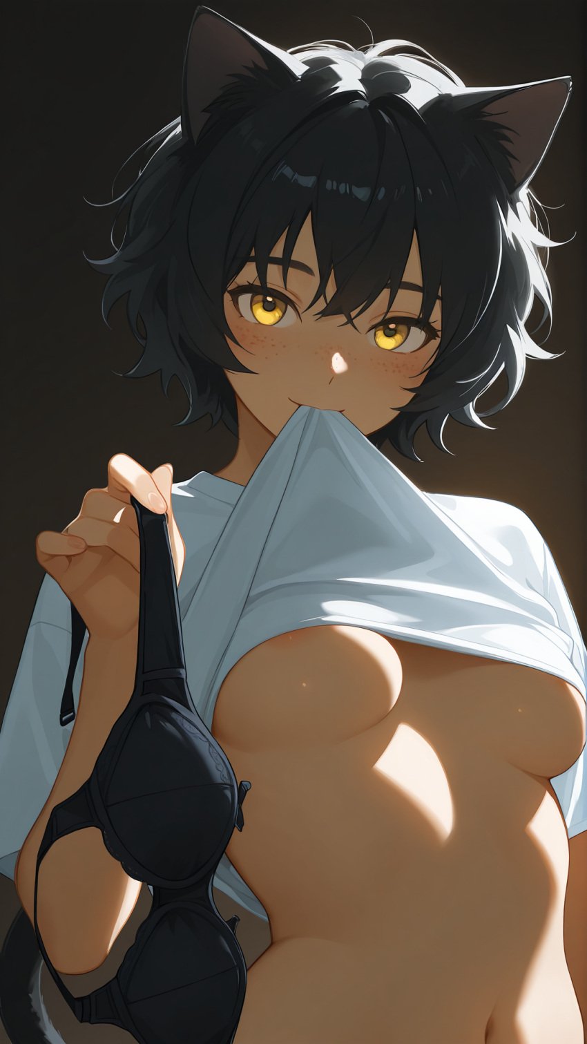 ai_generated areola_slip bankonit biting_shirt black_hair blush bra cat_ears cat_tail catgirl freckles freckles_on_face holding_bra holding_shirt_with_mouth medium_breasts midriff removed_bra shirt_lift shirt_up short_hair smile solo stable_diffusion underboob white_shirt yellow_eyes